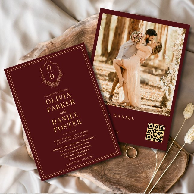Burgundy Gold QR Code Crest Photo Wedding Invitation (Creator Uploaded)