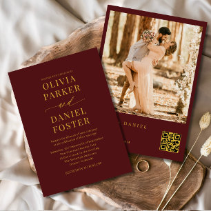 Burgundy Gold QR Code Photo Elegant Wedding Invitation