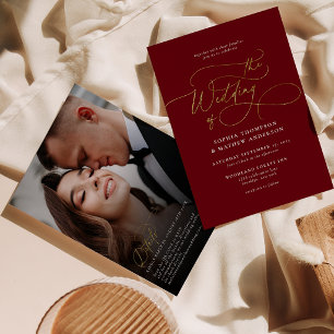 Burgundy Gold QR Code Rsvp All in one Wedding Invitation