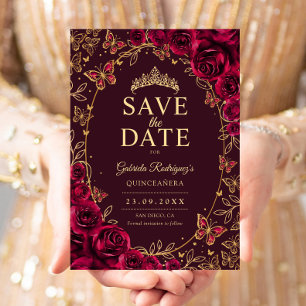 Burgundy Gold Quinceanera Floral Save The Date