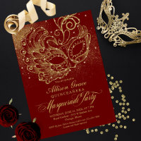 Burgundy Gold Quinceanera Masquerade Invitation