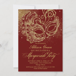 Burgundy Gold Quinceanera Masquerade Invitation