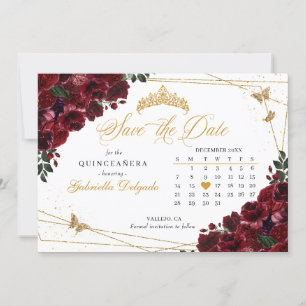 Burgundy & Gold Quinceañera Save The Date Invitation