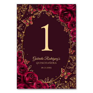 Burgundy Gold Quinceanera Table Number