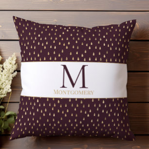 Burgundy Gold Raindrop Modern Trendy Monogram Cushion