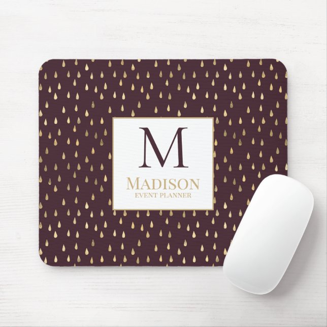 Burgundy Gold Raindrop Modern Trendy Monogram Mouse Mat (With Mouse)