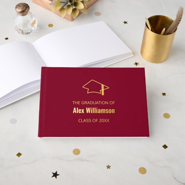 Burgundy Gold Real Foil Graduation Guest Book (Front Open)
