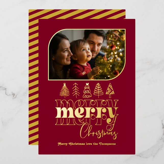 Burgundy & Gold Retro Doodle Christmas Photo Foil Holiday Card (Front/Back)