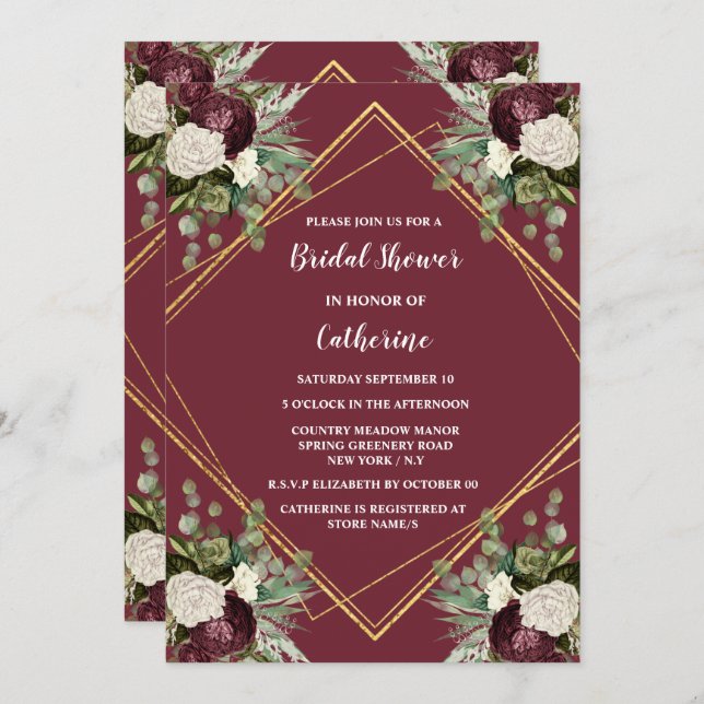 Burgundy gold rose botanical floral bloom invitation (Front/Back)