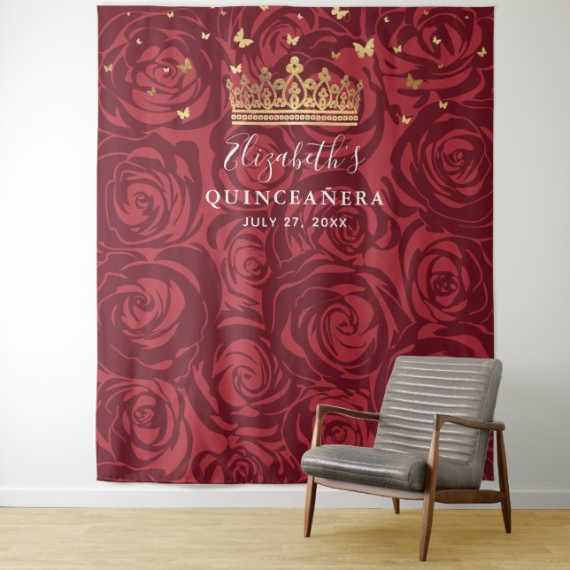 Burgundy Gold Rose Party Photo Backdrop Tapestries (In Situ)
