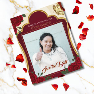Burgundy & Gold Rose Quinceañera Save the Date Postcard