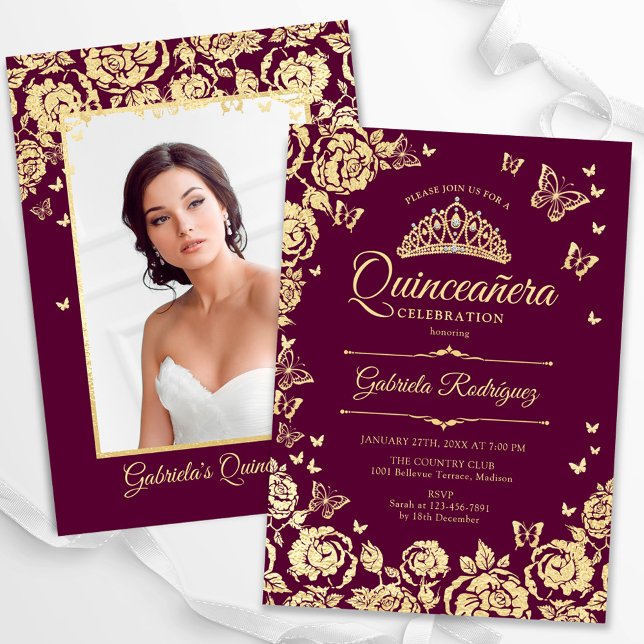 Burgundy Gold Roses Butterflies Quinceanera Photo Invitation (Creator Uploaded)