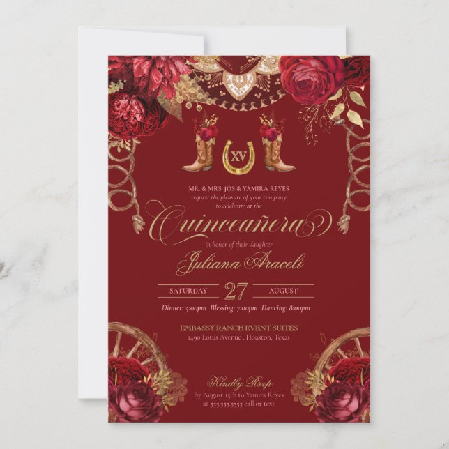 Burgundy Gold Roses Elegant Charro Quinceanera Inv Invitation (Front)