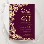 Burgundy Gold Roses Surprise 40th Birthday Invitation<br><div class="desc">Burgundy gold floral surprise 40th birthday party invitation. Elegant design featuring roses,  faux gold foil and typography script font. Trendy invite card perfect for a stylish female bday celebration. Can be customised to any age. Printed Zazzle invitations or instant download digital printable template.</div>