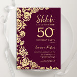 Burgundy Gold Roses Surprise 50th Birthday Invitation<br><div class="desc">Burgundy gold floral surprise 50th birthday party invitation. Elegant design featuring roses,  faux gold foil and typography script font. Trendy invite card perfect for a stylish female bday celebration. Can be customised to any age. Printed Zazzle invitations or instant download digital printable template.</div>