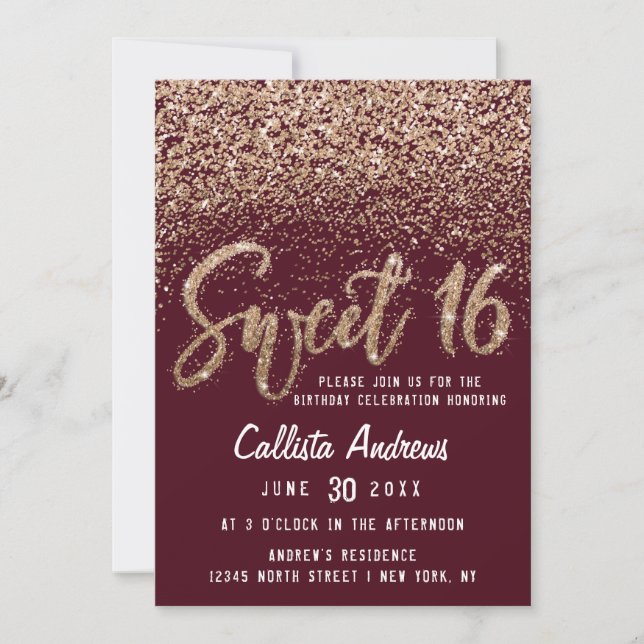 Burgundy Gold Scattered Glitter Ombre Sweet 16 Invitation (Front)
