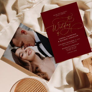 Burgundy Gold Script Calligraphy Photo Wedding Invitation