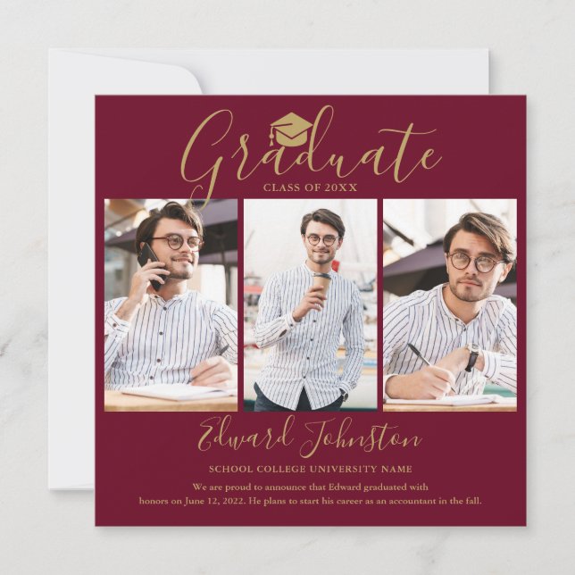 Burgundy Gold Script Graduate 4 Photo Graduation Announcement (Front)