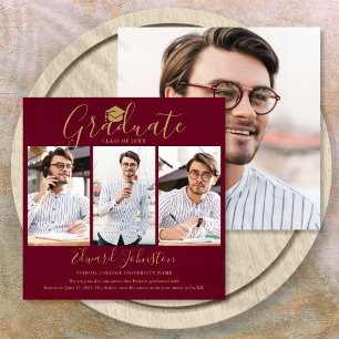 Burgundy Gold Script Graduate 4 Photo Graduation Announcement