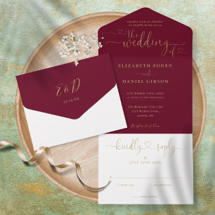Burgundy Gold Script Hearts Minimalist Wedding  All In One Invitation
