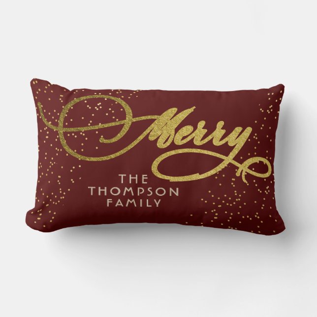 Burgundy Gold Script Merry Bright Family Christmas Lumbar Cushion (Front)