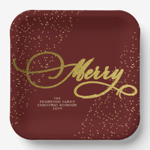 Burgundy Gold Script Merry Bright Family Christmas Paper Plate