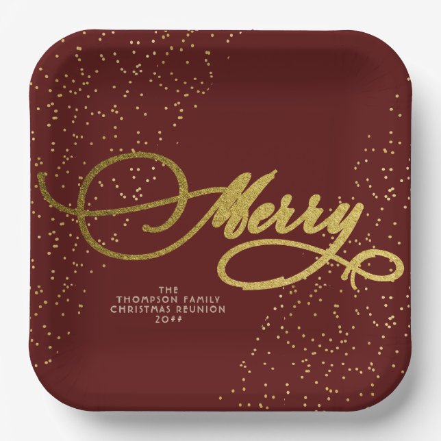 Burgundy Gold Script Merry Bright Family Christmas Paper Plate (Front)