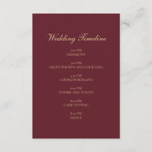 Burgundy Gold Script Minimal Wedding Timeline Card