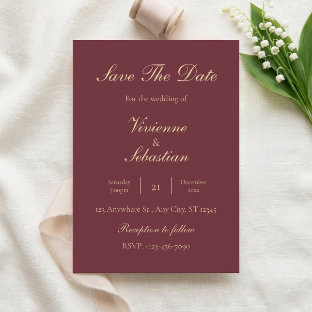 Burgundy Gold Script Minimalist Save the Date Invitation (Burgundy Gold Script Minimalist Save the Date Invitation)