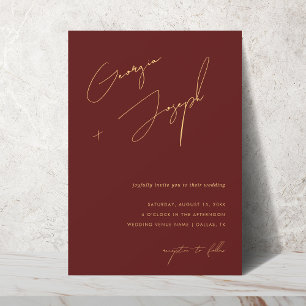 Burgundy & Gold   Script Photo QR Code Wedding Invitation