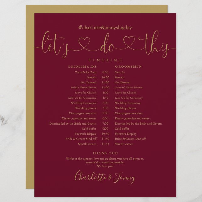 Burgundy Gold Script Wedding Schedule Timeline (Front/Back)