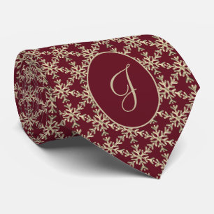 Burgundy Gold Snowflakes Pattern Monogrammed Tie