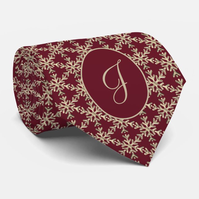 Burgundy Gold Snowflakes Pattern Monogrammed Tie (Rolled)