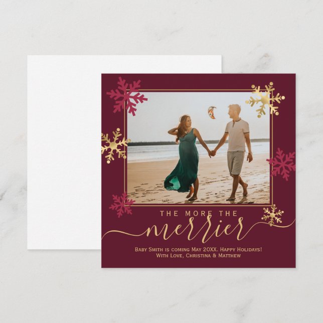 Burgundy Gold Snowflakes Photo Christmas Pregnancy Announcement (Front/Back)