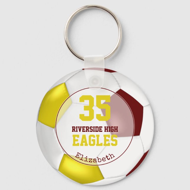 burgundy gold soccer ball girls' team colours key ring (Front)