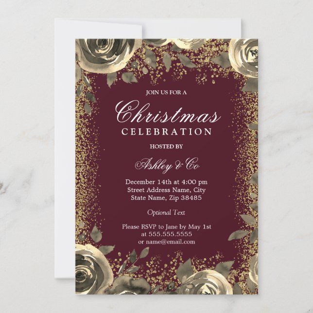 Burgundy & Gold Sparkle Glitter Christmas Party Invitation (Front)