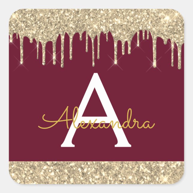 Burgundy Gold Sparkle Glitter Monogram Square Sticker (Front)