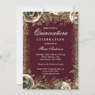Burgundy & Gold Sparkle Glitter Quinceanera Invite