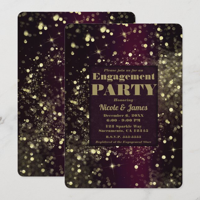 Burgundy Gold Sparkling Lights Glam Engagement Invitation (Front/Back)