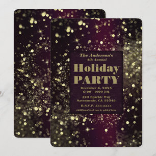 Burgundy Gold Sparkling Lights Glam Holiday Party Invitation