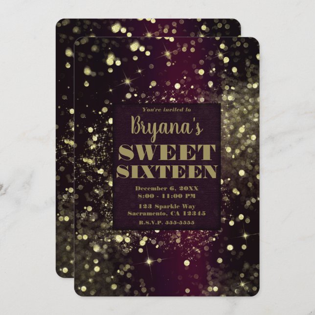 Burgundy Gold Sparkling Lights Glam Sweet 16 Party Invitation (Front/Back)