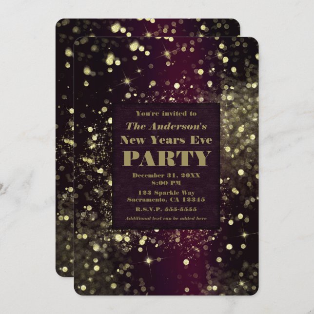 Burgundy Gold Sparkling Lights New Years Eve Party Invitation (Front/Back)