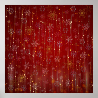 Burgundy Gold Sparkling Snow Flakes Poster