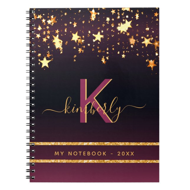 Burgundy gold stars black glitter monogram chic notebook (Front)