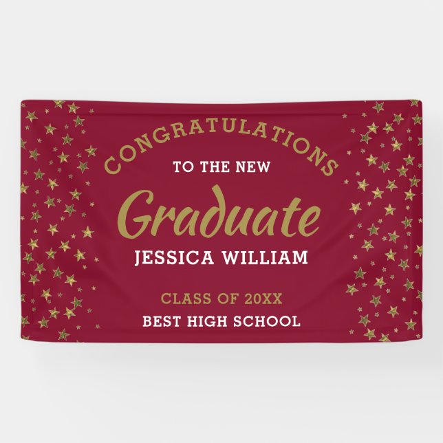 Burgundy Gold Stars Congrats Grad Graduation 2023 Banner (Horizontal)