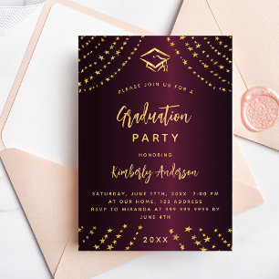 Burgundy gold stars graduation party modern luxury invitation