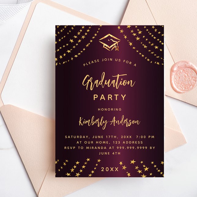 Burgundy gold stars graduation party modern luxury invitation (Creator Uploaded)