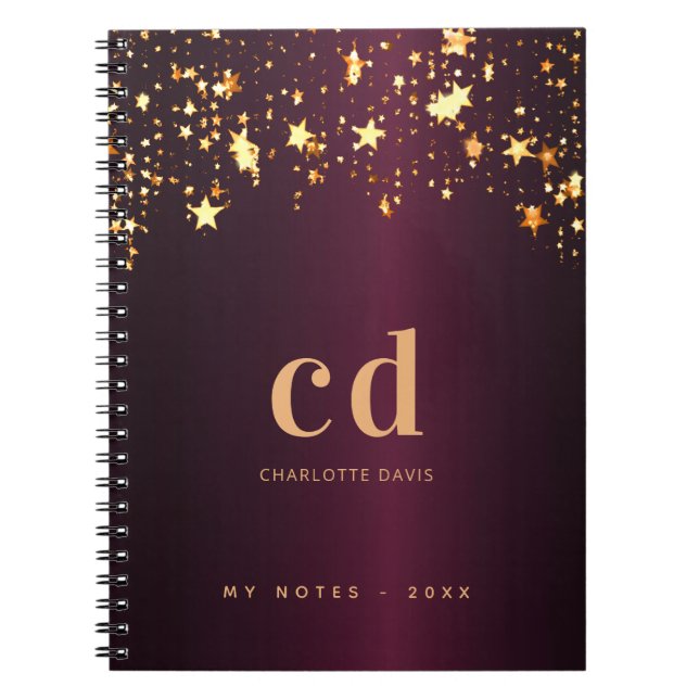 Burgundy gold stars monogram initials luxury  notebook (Front)