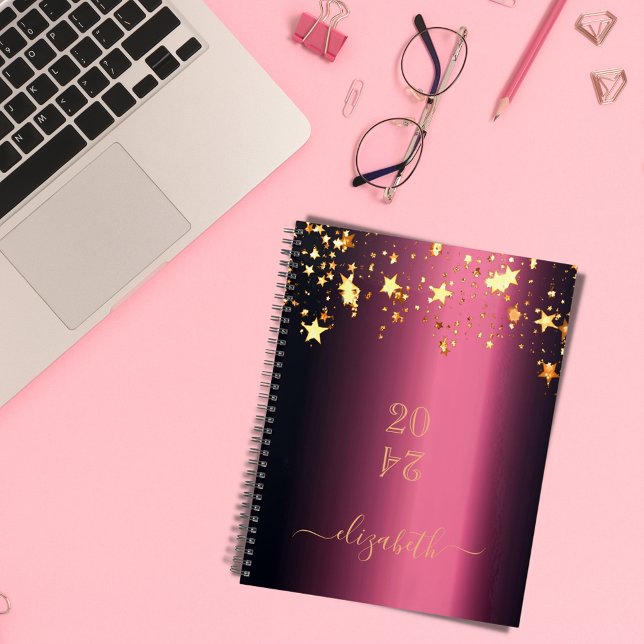 Burgundy gold stars monogram name 2026 planner (Creator Uploaded)