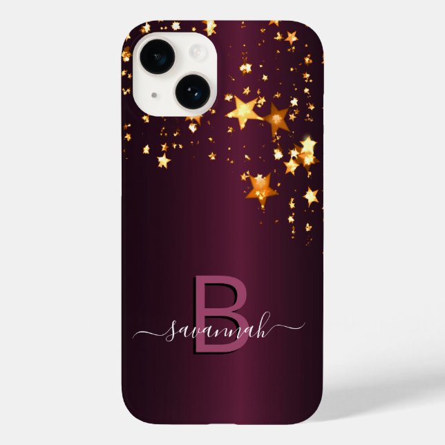 Burgundy gold stars monogram name elegant Case-Mate iPhone case (Back)